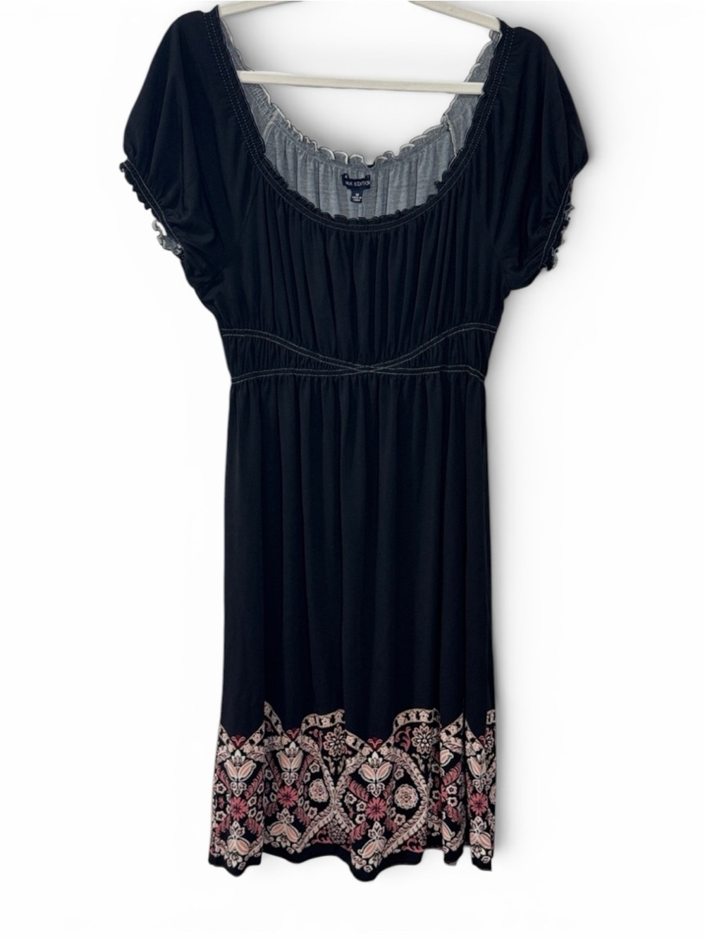 Max Edition Black w/ Pink Florals Hem Short Sleeve Midi Dress - Size Medium
